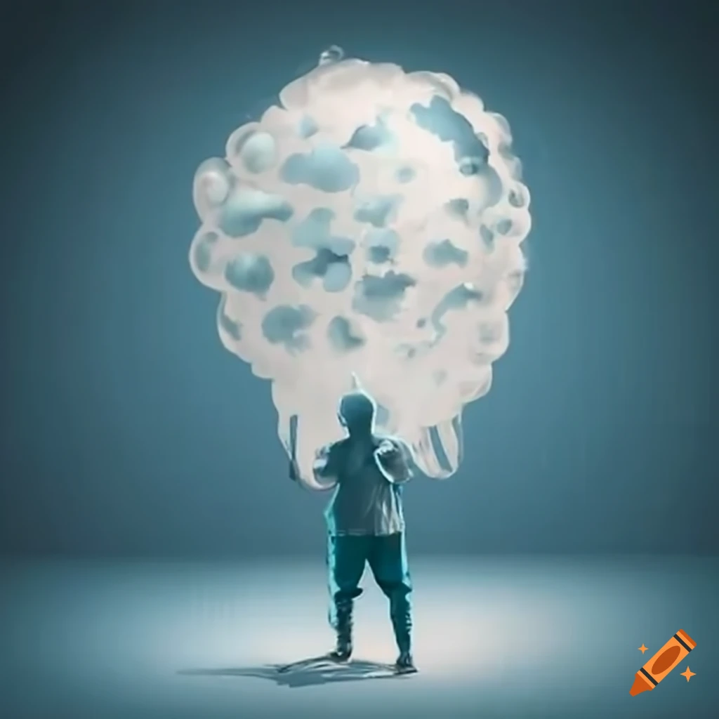 man holding a cloud-shaped balloon