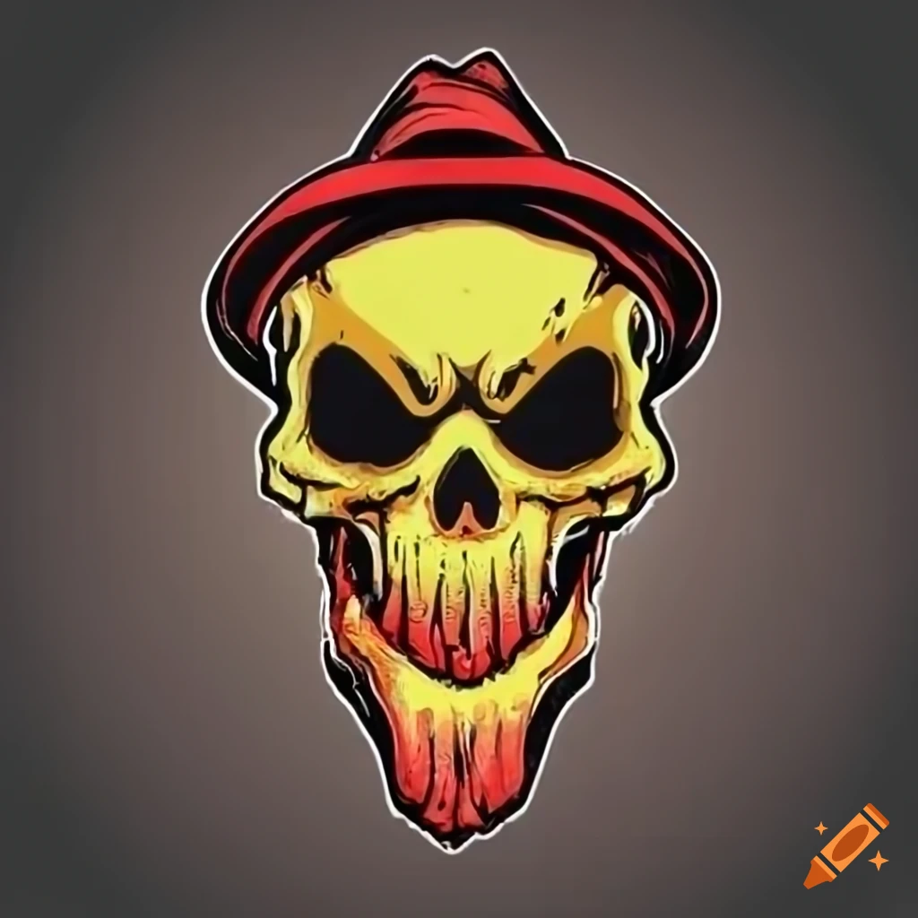 graffiti-style red and yellow skull with fedora logo