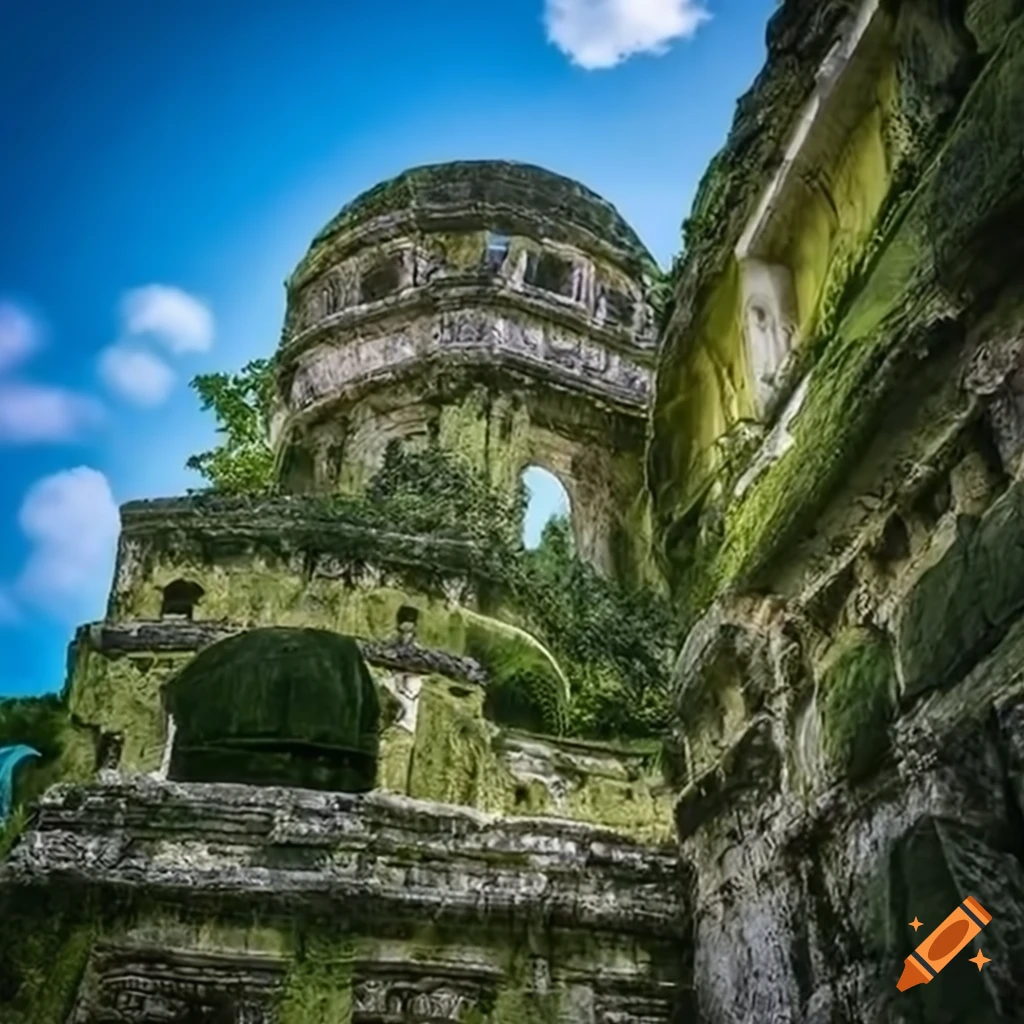 Mayan-style garden complex with moss-covered airship