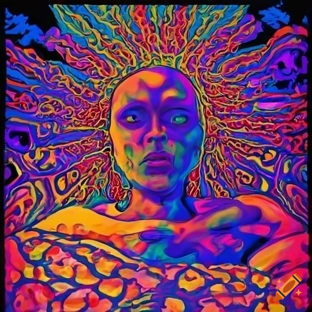 colorful psychedelic artwork of a man lying on bed