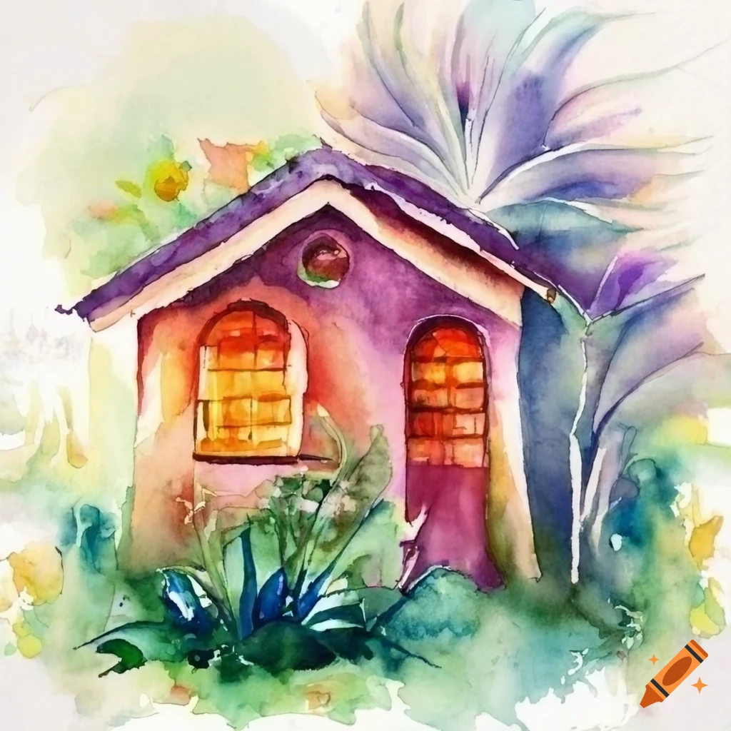 Aquarelle painting of an elegant house with tropical flowers on Craiyon