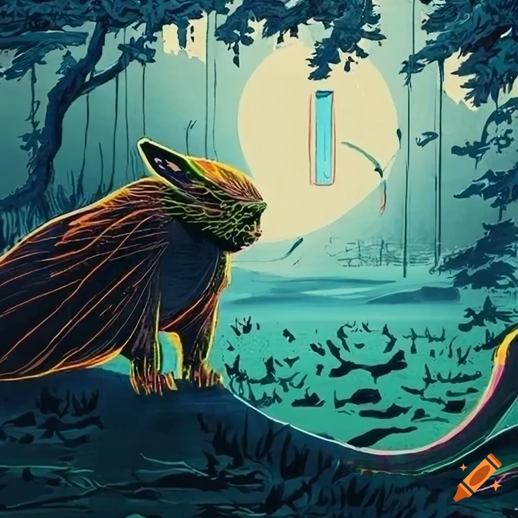 Color pen and ink landscape with fantastic creatures