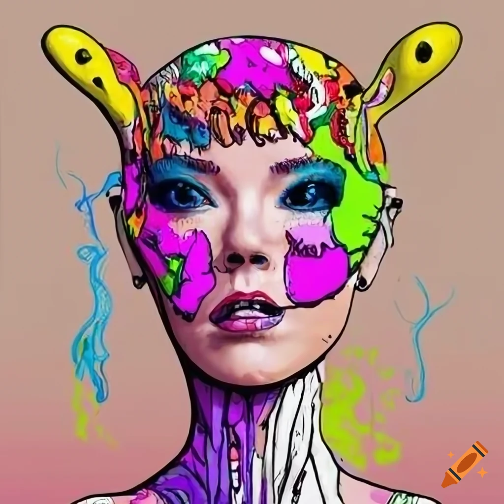 Colorful cartoon drawing of a Bjork alien on Craiyon