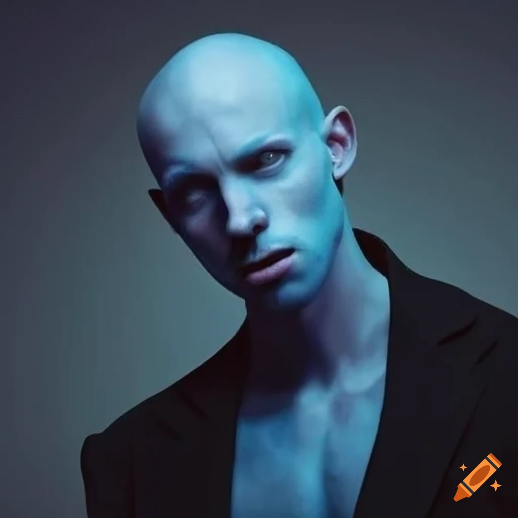 Art depiction of a male humanoid with steel blue skin