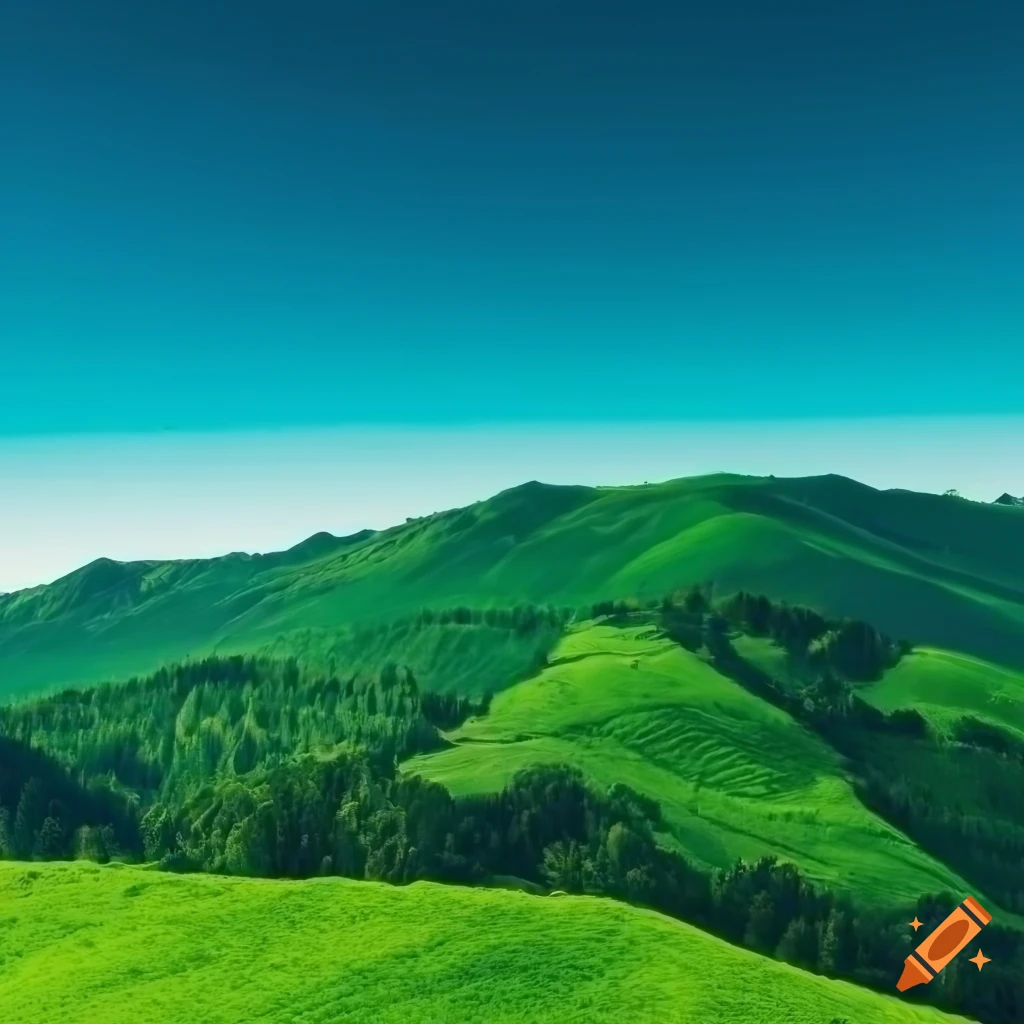 top view of green hills under a clear blue sky