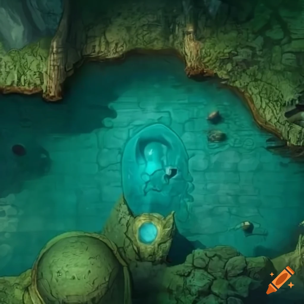 Top view of a mossy dungeon with water on Craiyon