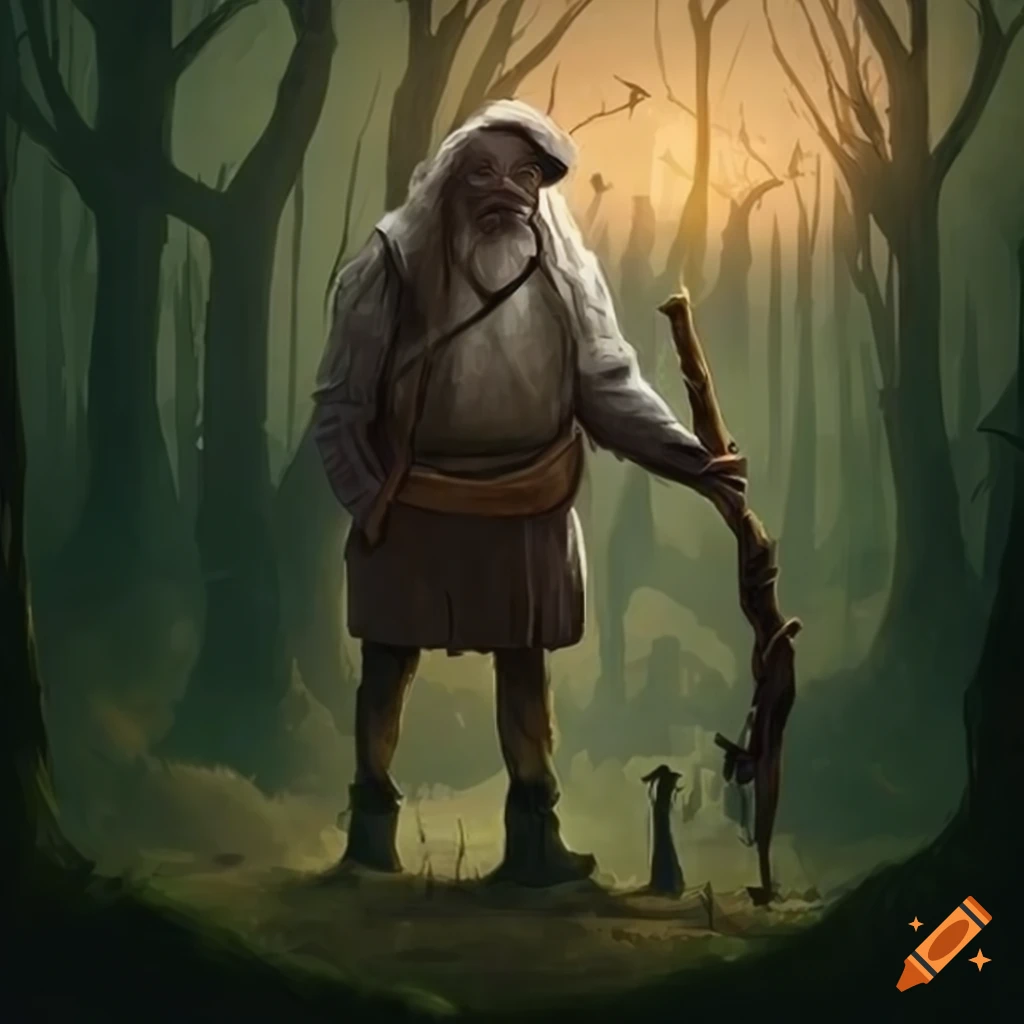 image of a sheepherder in a dark forest