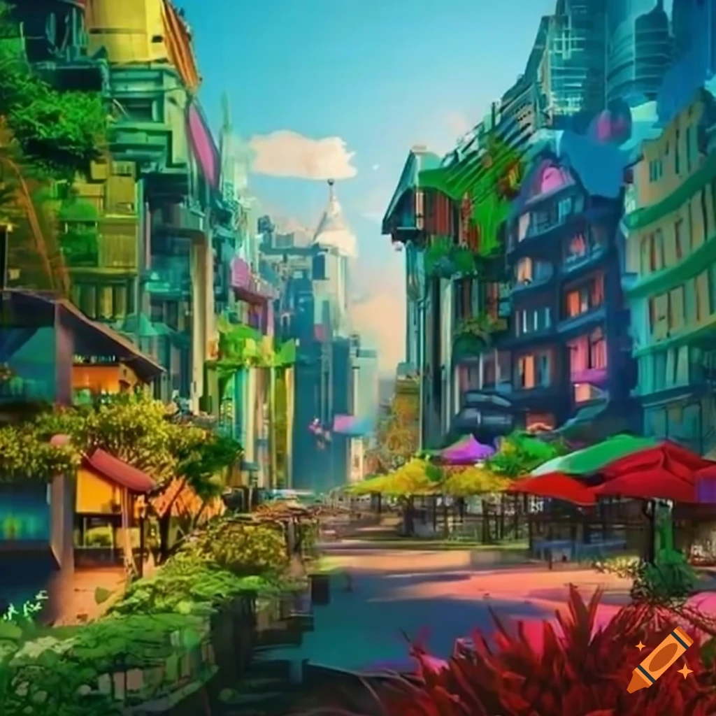 Solarpunk city with lush greenery and glowing sun