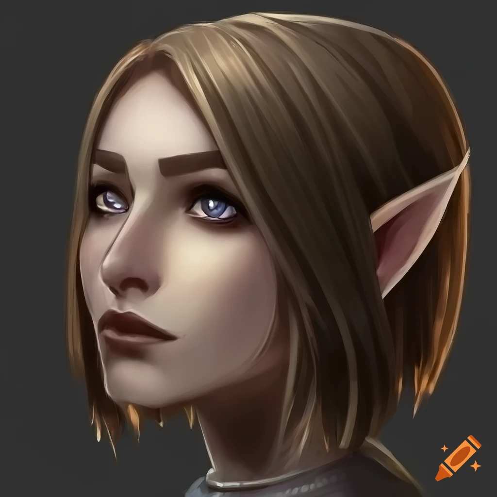Portrait of a sad elven woman with brown hair and grey eyes on Craiyon