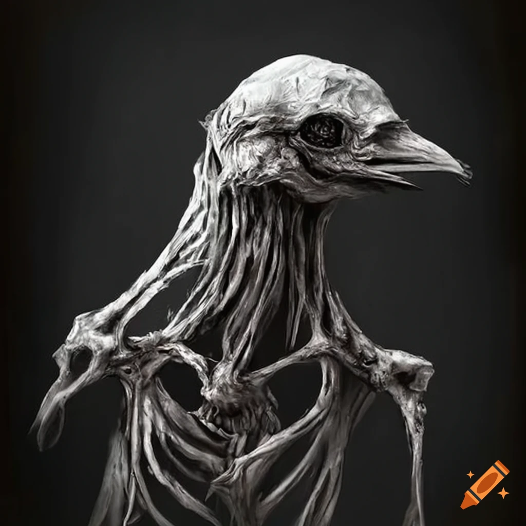 sculpture of a crow made of bones