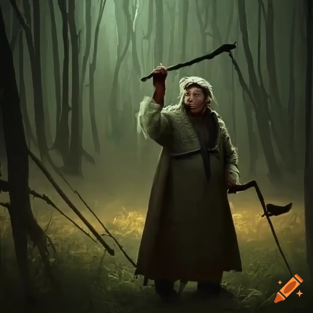 image of a sheepherder with a staff in a dark forest