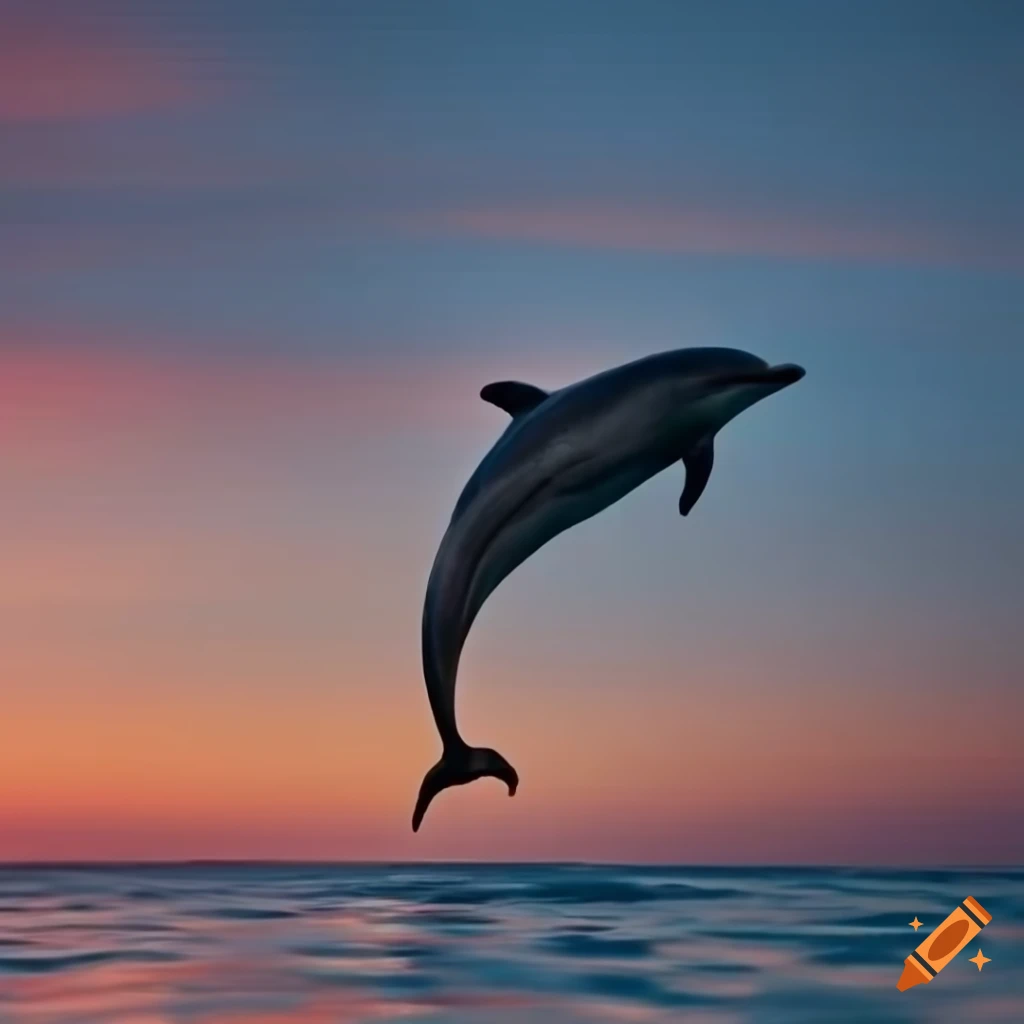 photorealistic depiction of dolphins jumping out of the water at sunset