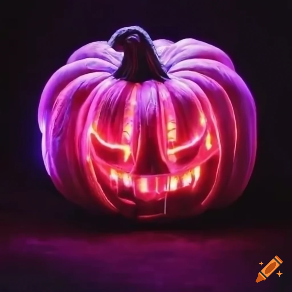 neon-lit futuristic chariot made of giant pumpkin
