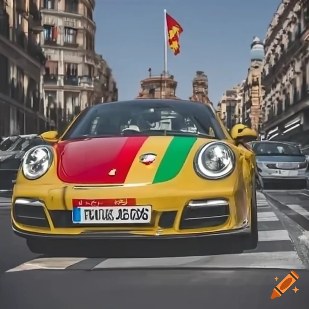 Spanish flag-colored Porsche 911 racing on Gran Vía street in Madrid
