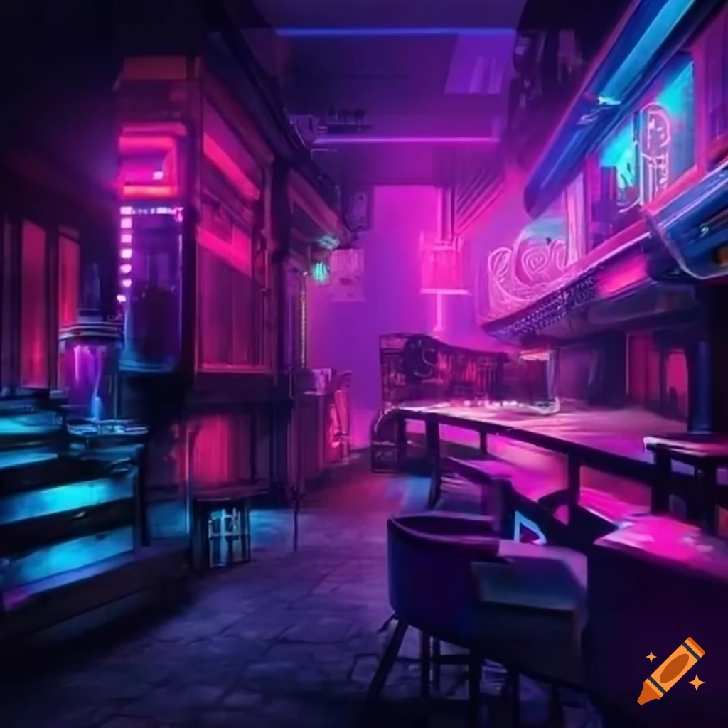 steampunk interior, cyberpunk club with neon lights, fantasy retro