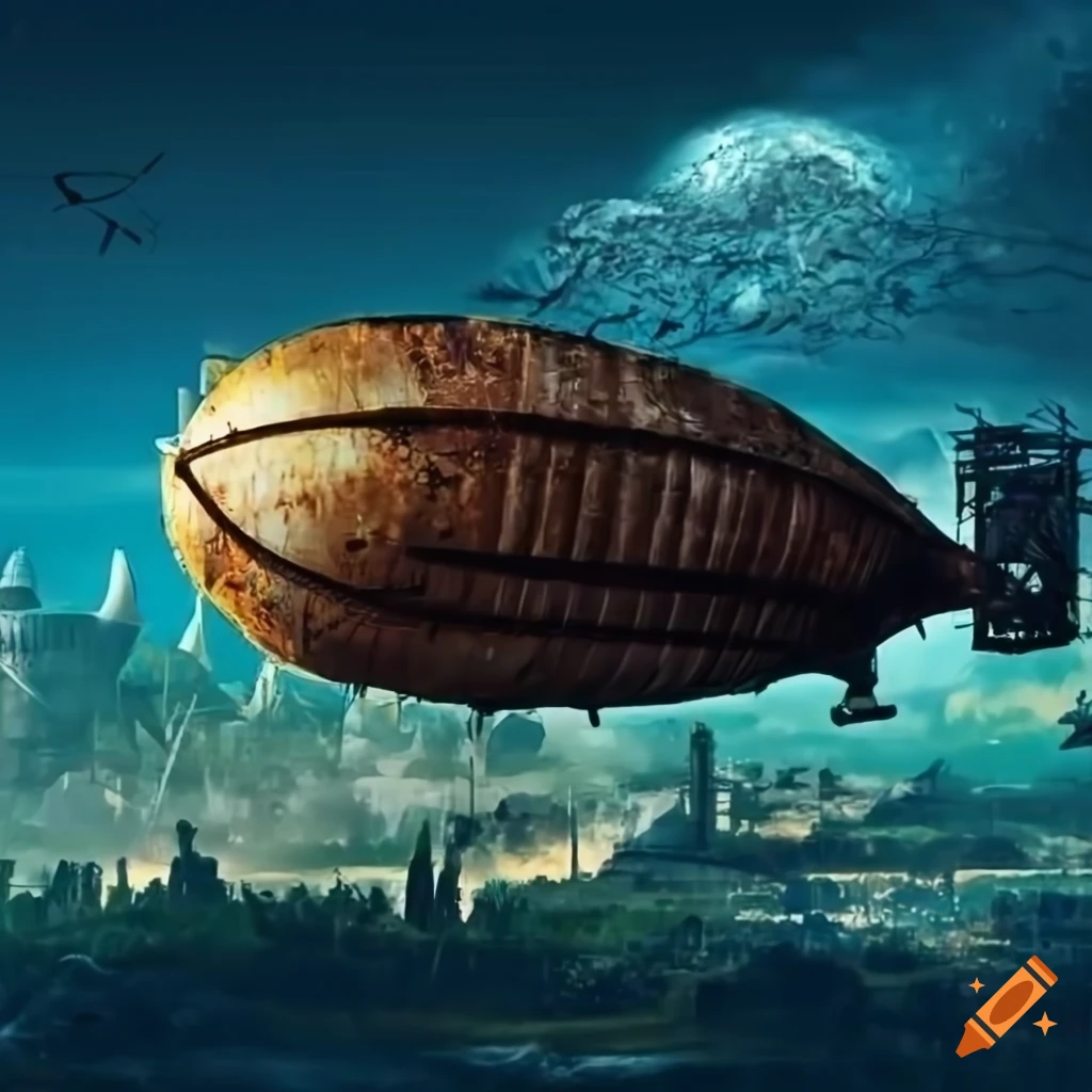 Steampunk airship flying over tropical city