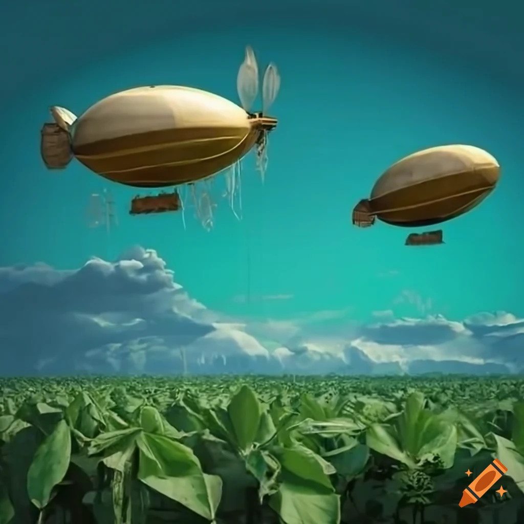 steampunk airship flying over tobacco plantations