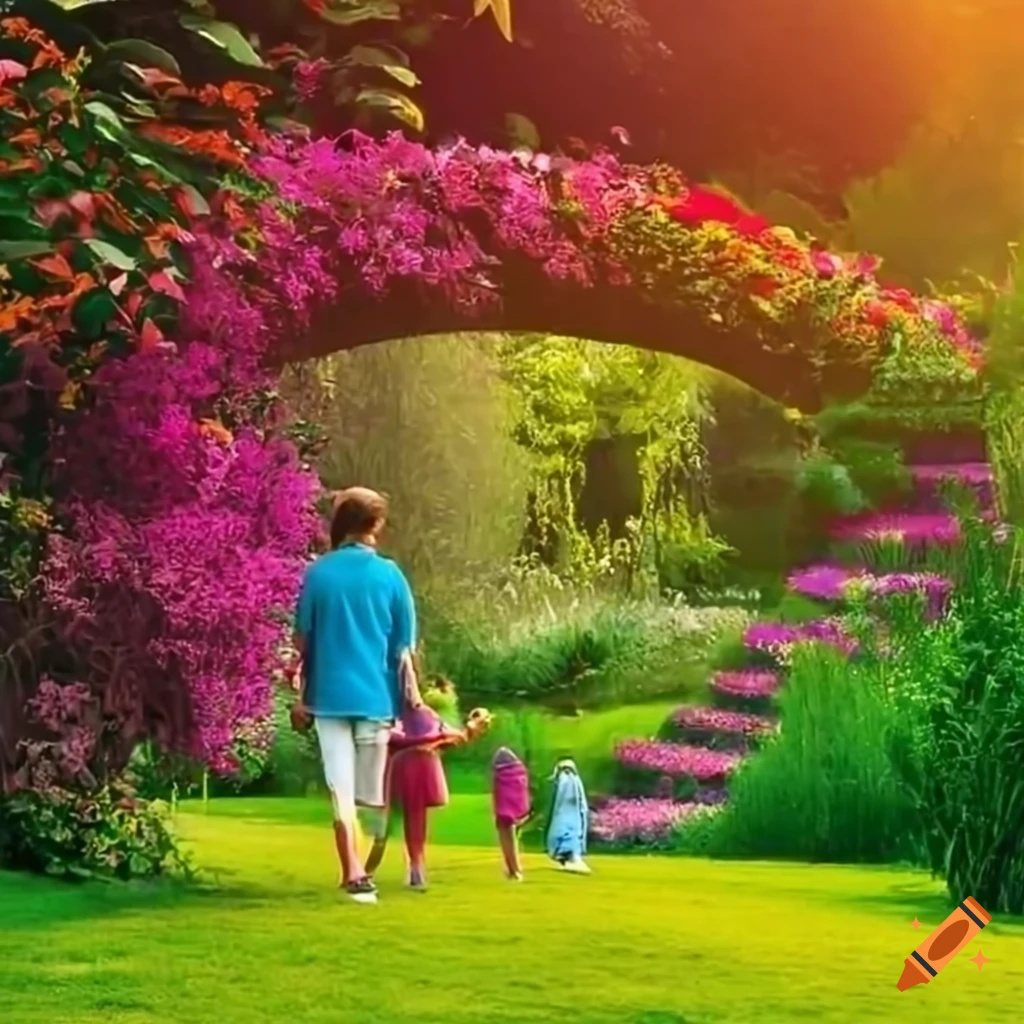 Vibrant garden with blooming flowers and curved stairs on Craiyon