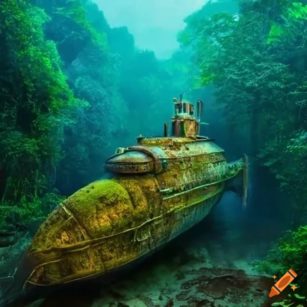image of a steampunk submarine in a jungle
