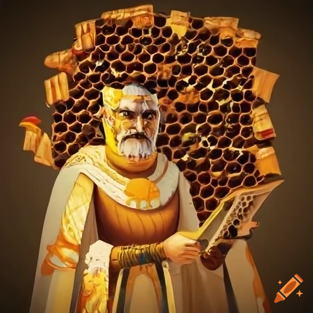 man emperor surrounded by bees and honeycomb