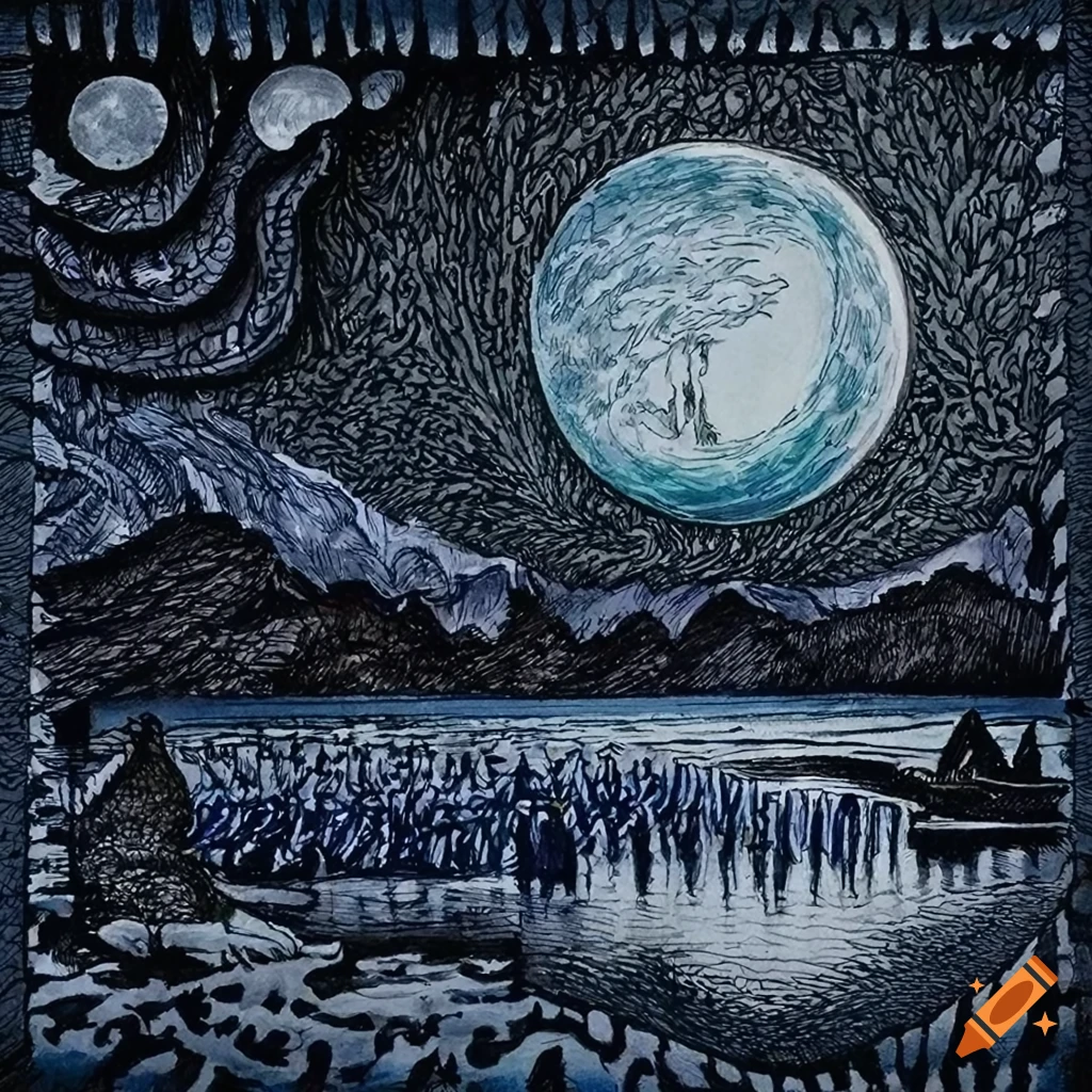 Color pen and ink landscape with serpents, grapevines, oak forest