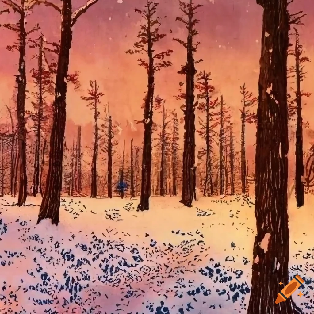 artwork of a snowy forest on fire during a vibrant winter festival