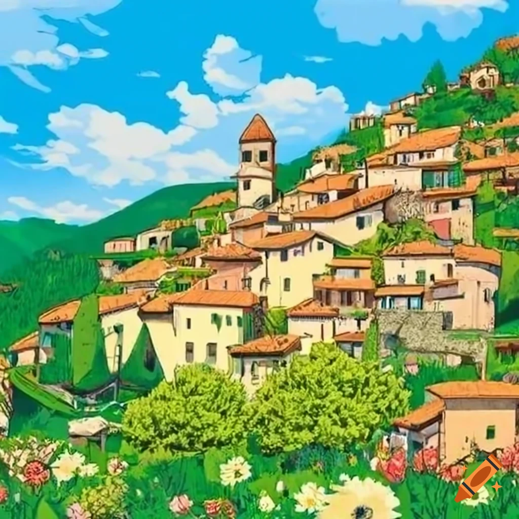 vibrant Italian village surrounded by sun and flowers