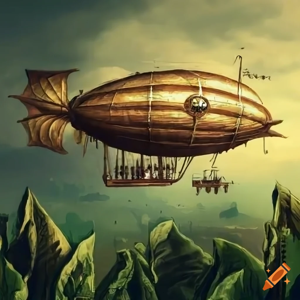 steampunk airship flying over tobacco plantations