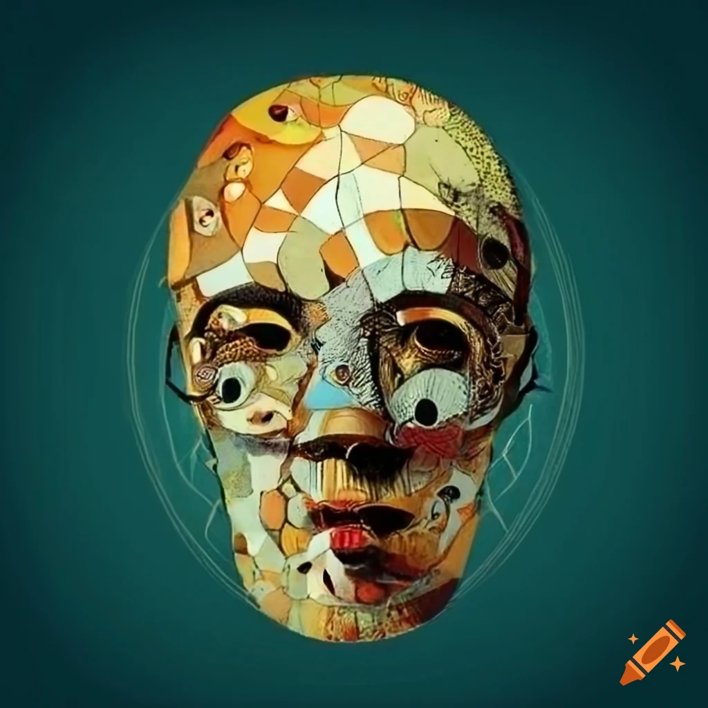 surrealist collage of a complex machine mask