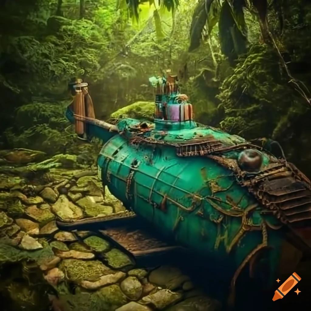 steampunk submarine covered in moss among Mayan ruins
