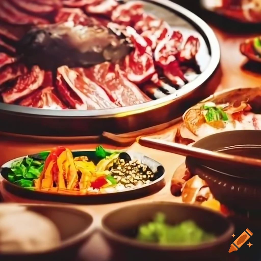 Korean BBQ on a table with various dishes