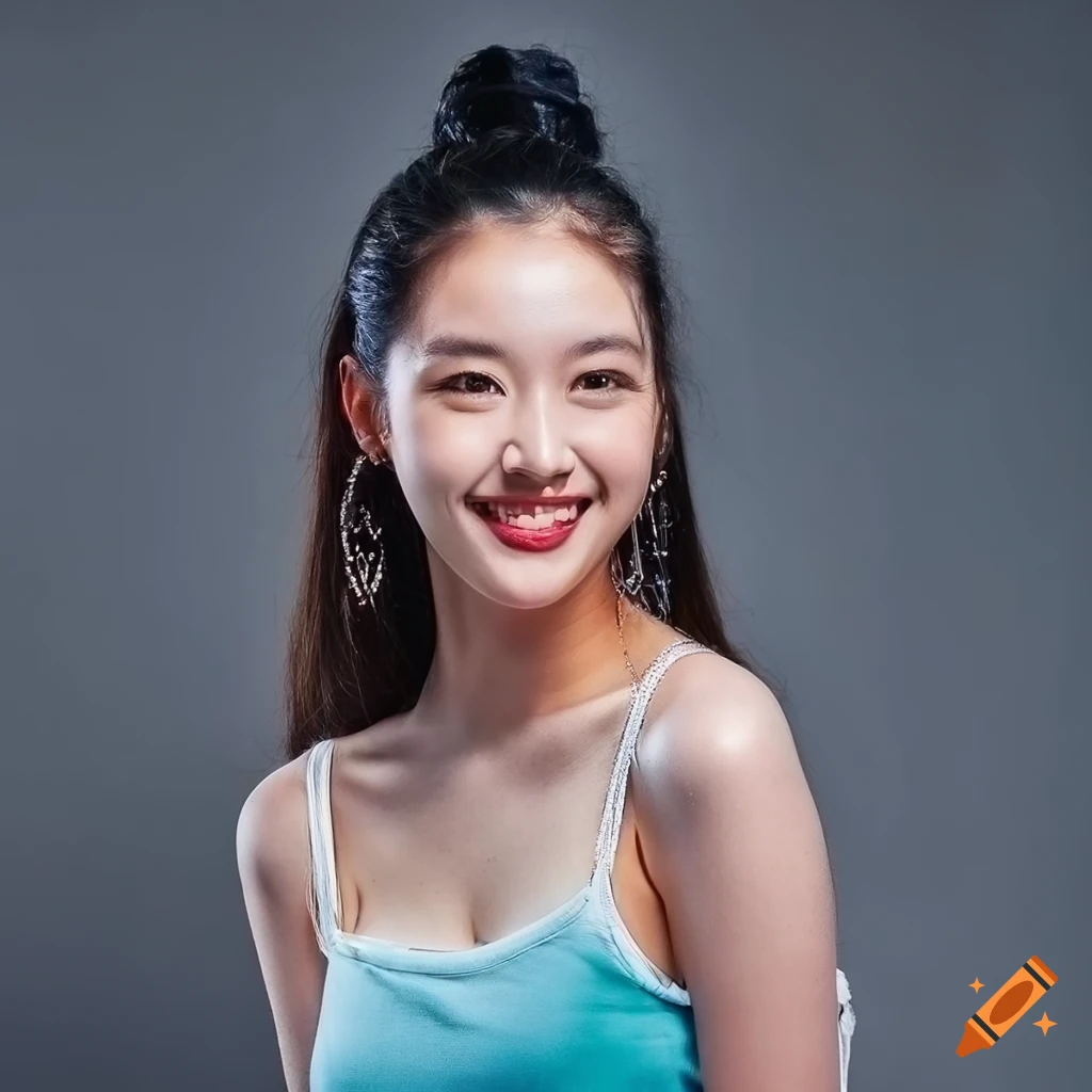 portrait of a cheerful 18-year-old female idol with German and Thai heritage