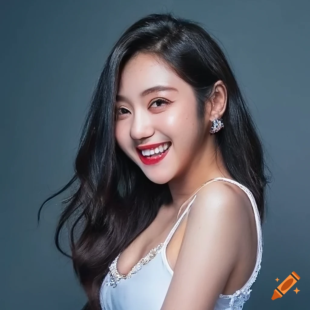 portrait of a cheerful 18-year-old female idol with German and Thai heritage