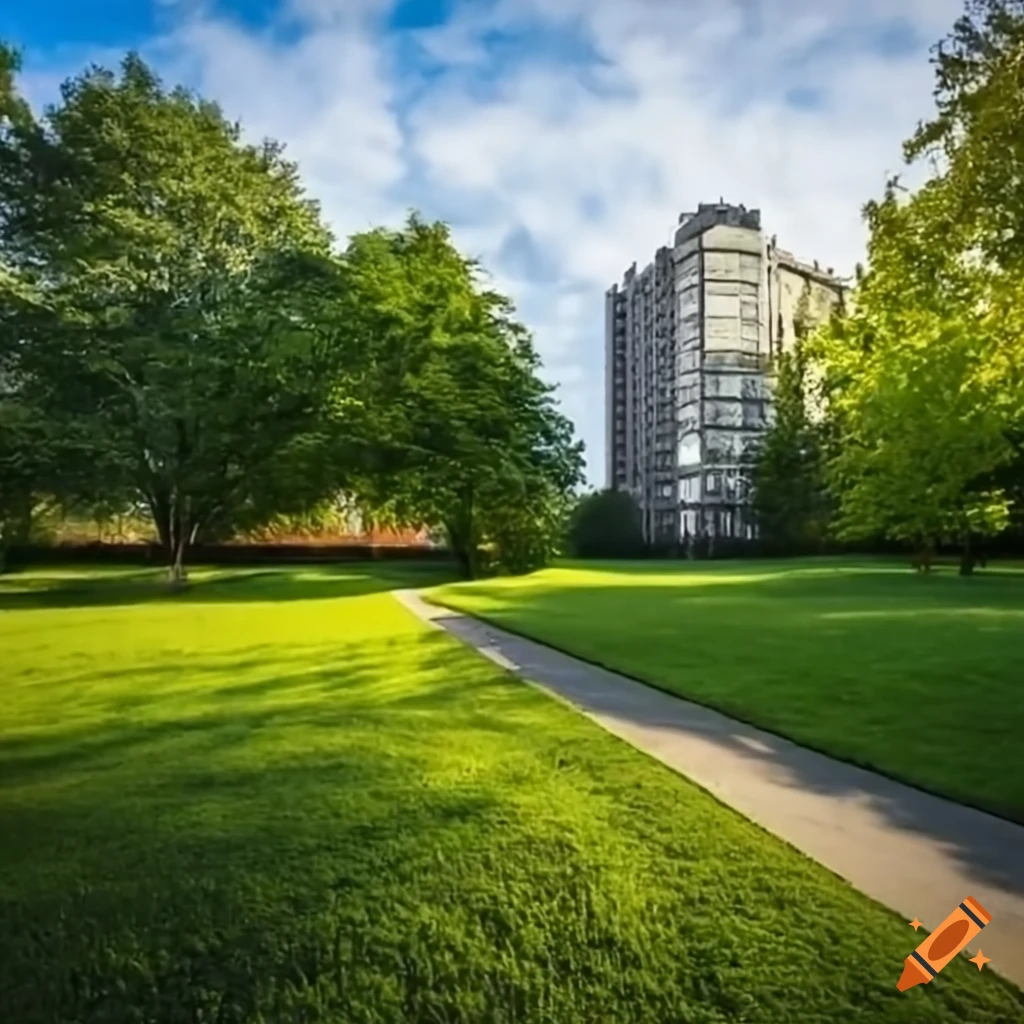 urban park with houses in the background