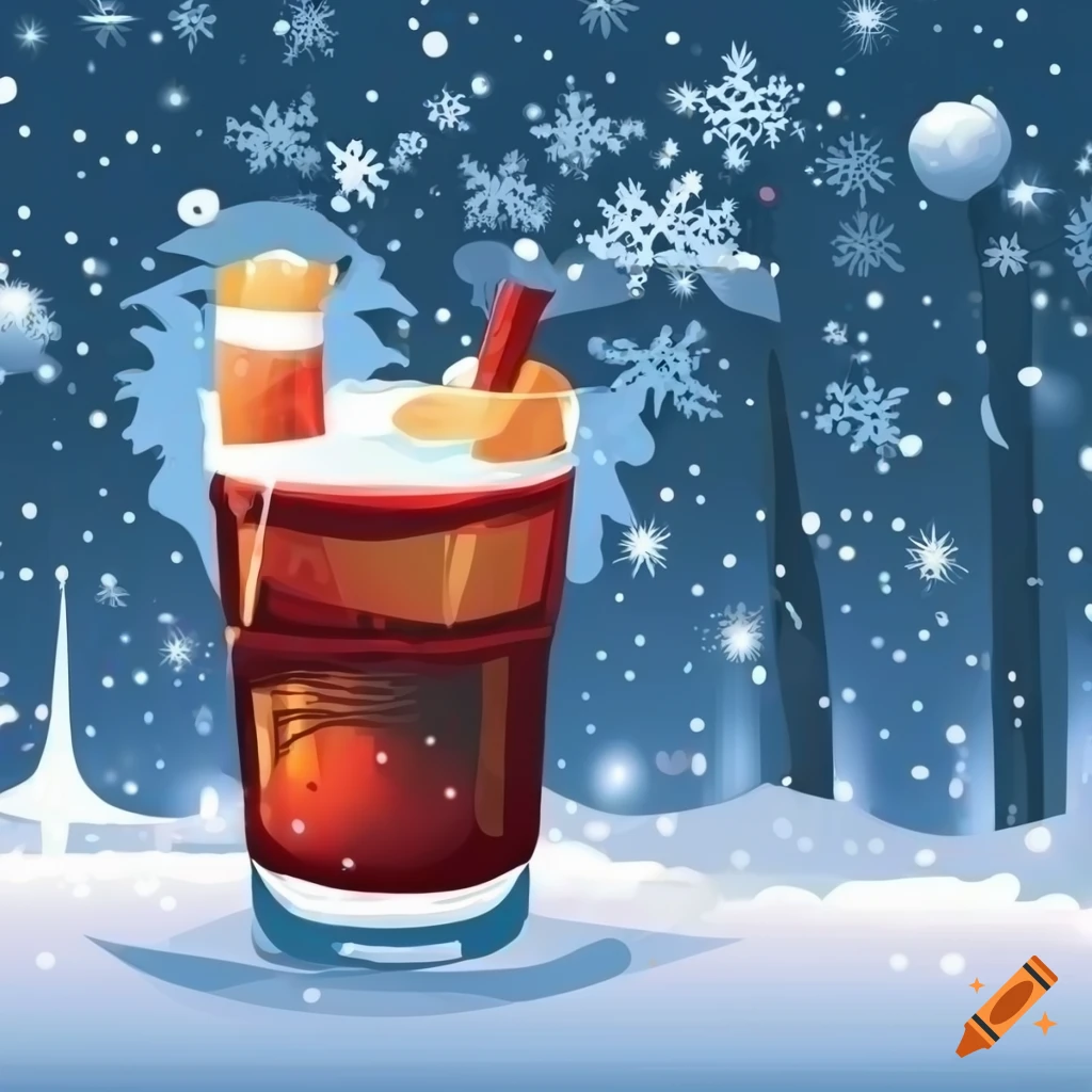vector art of a cozy winter cocktail with snowy background