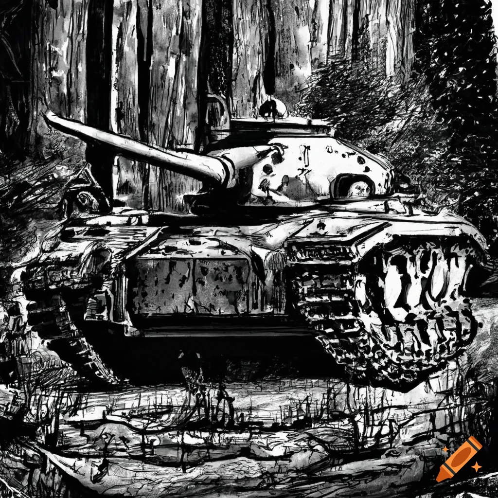 Black and white ink drawing of a ww2 tank in a forest on Craiyon