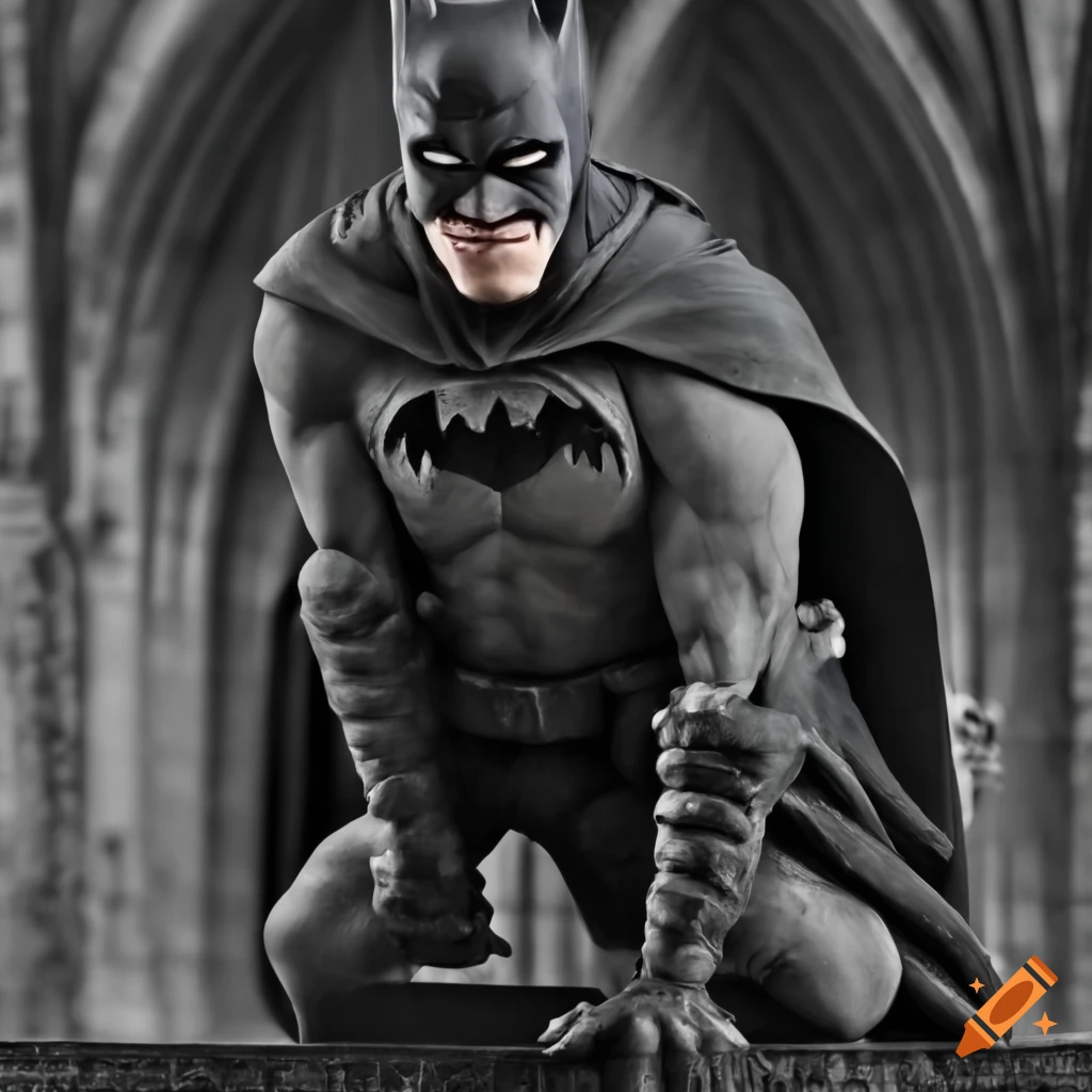 Batman standing on a gargoyle in the city