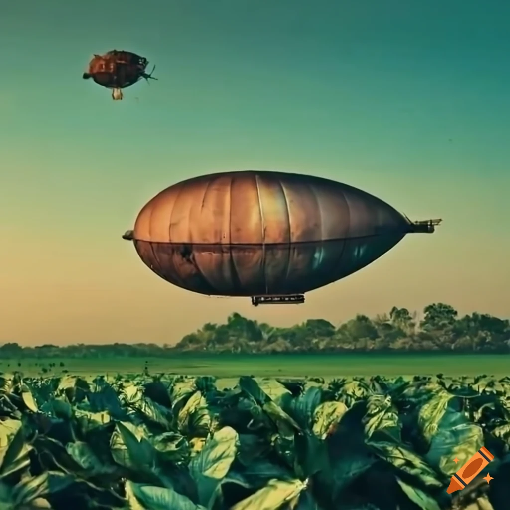 rusted airship flying over tropical tobacco plantations