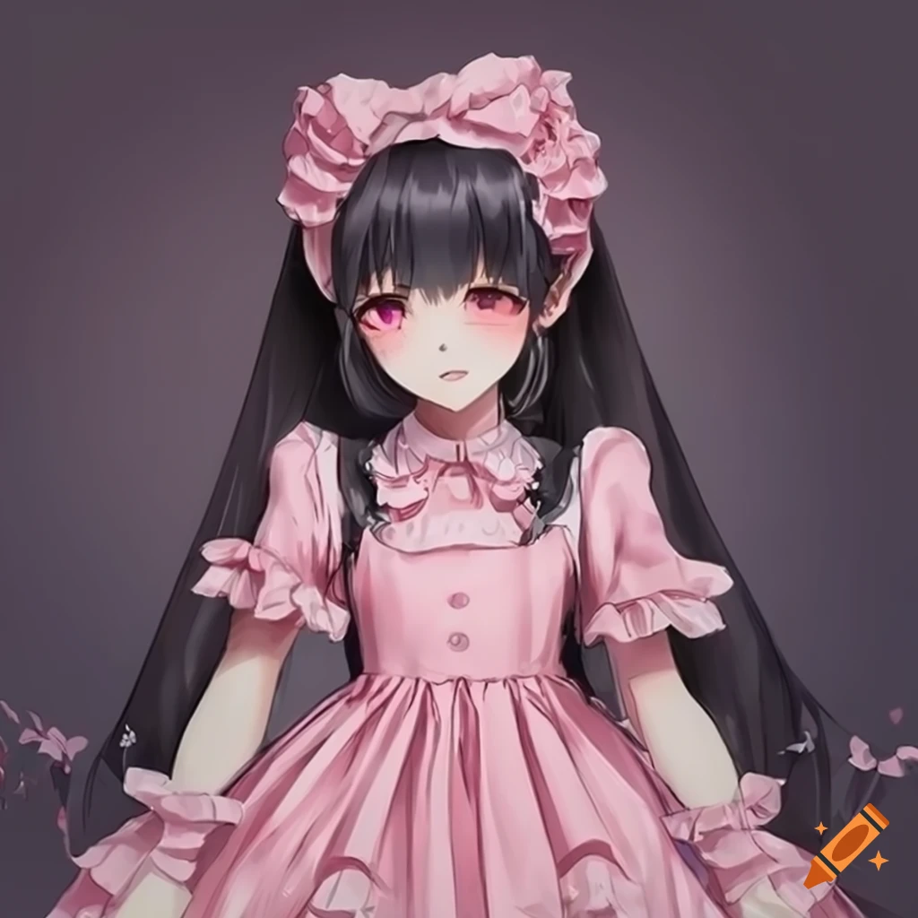 Anime girl in a pink polka dot ruffle dress on Craiyon