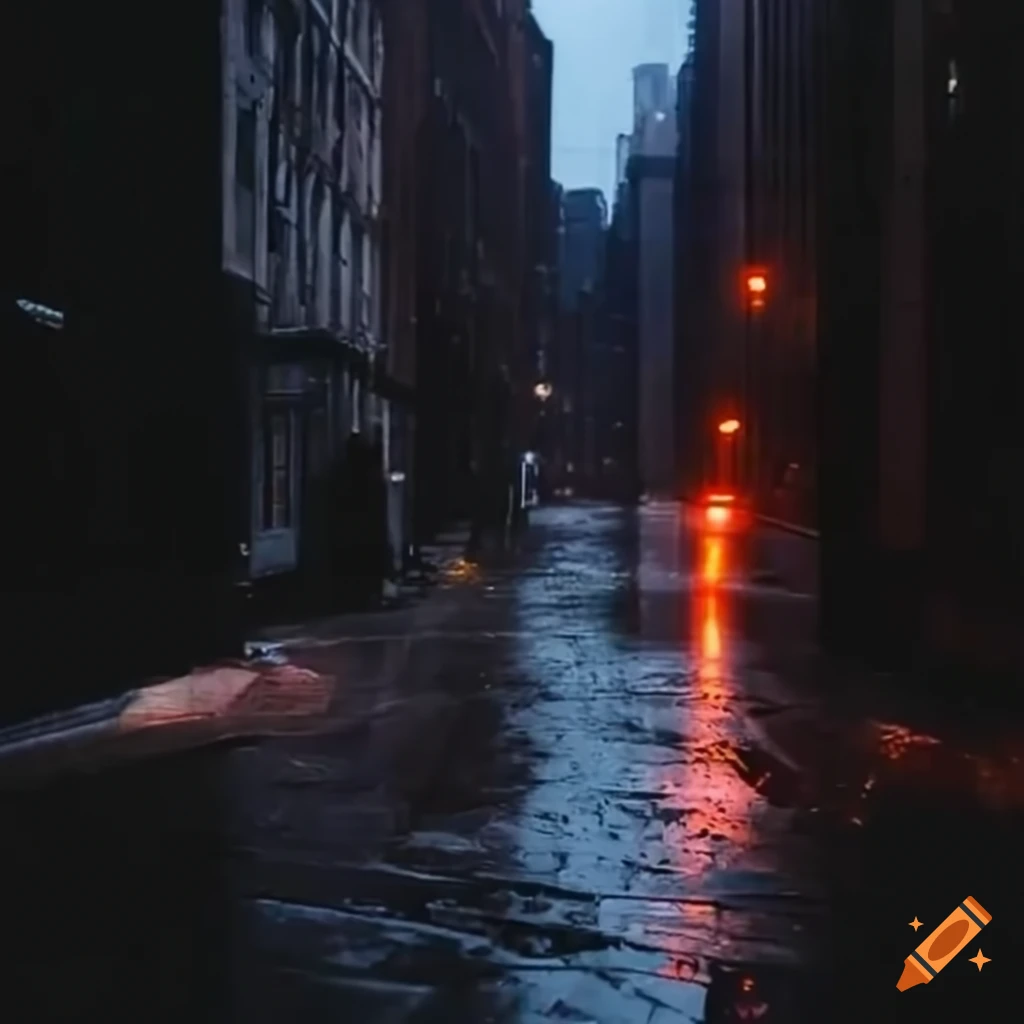night shot of a rainy alley in 90s New York