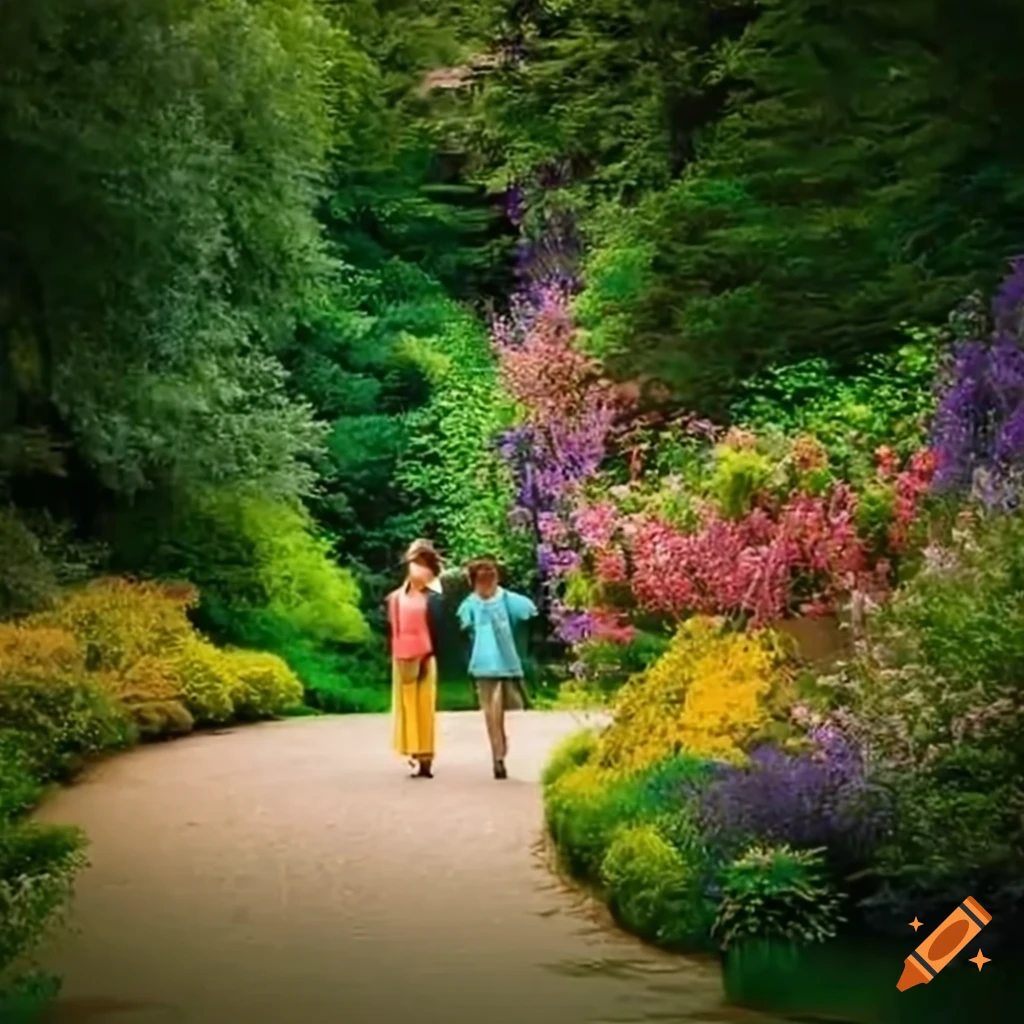 family walking by a lakeside garden