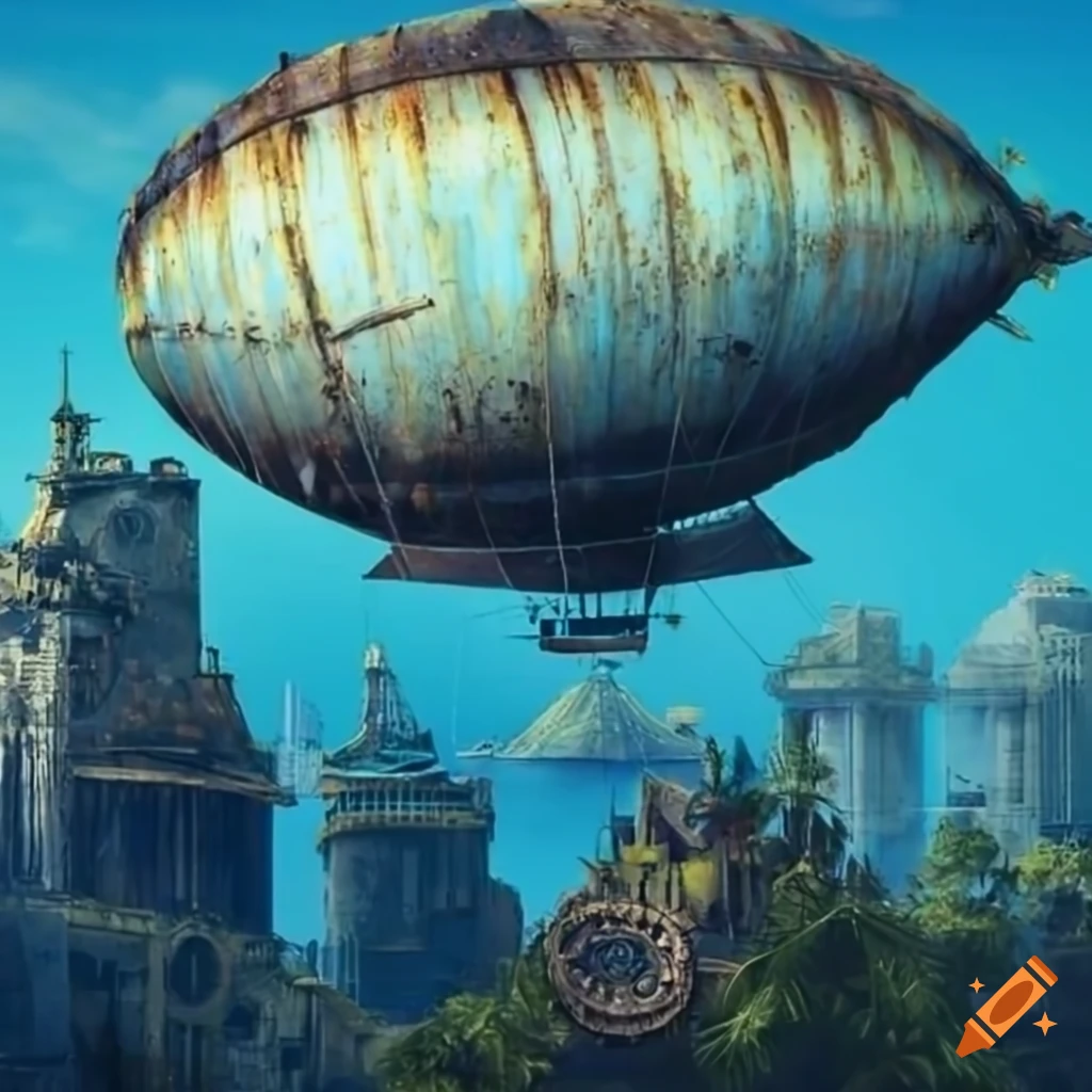 steampunk airship flying over a tropical city