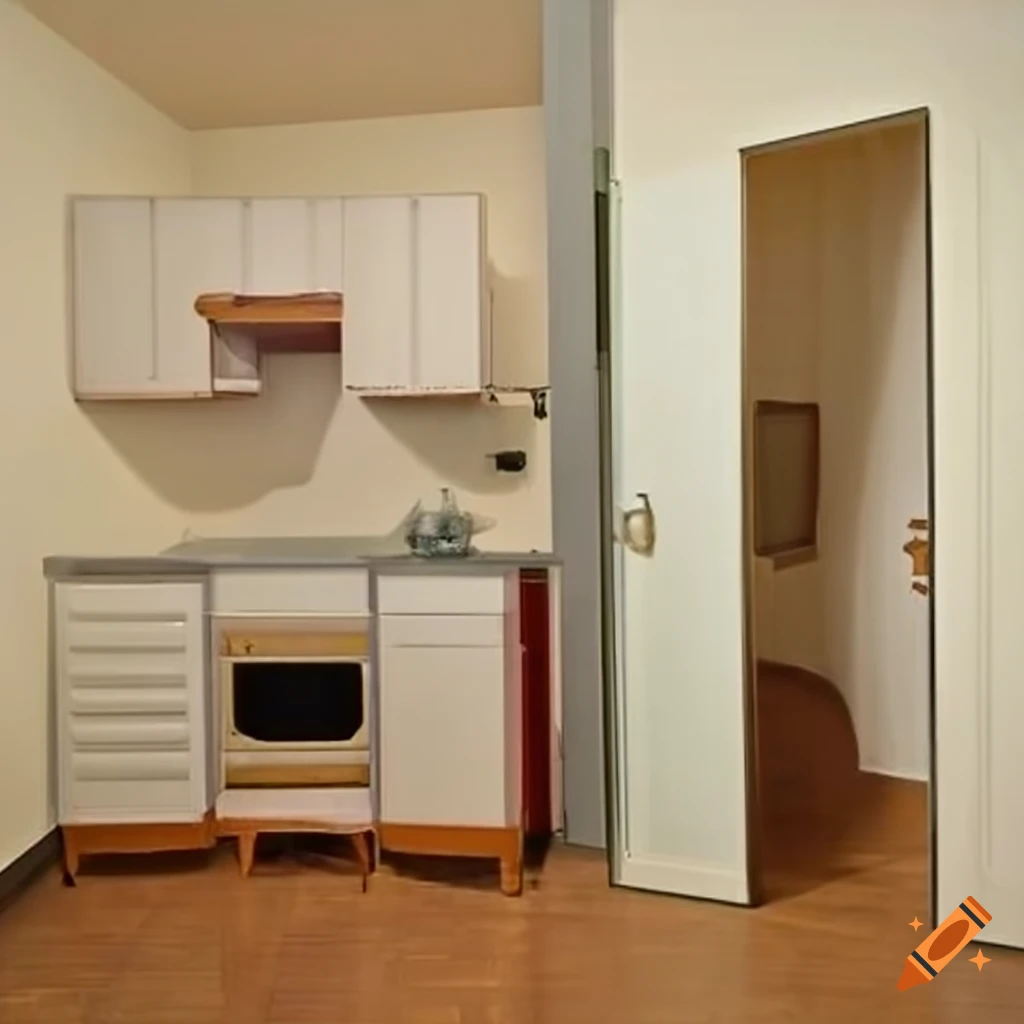 interior of a one room apartment with kitchen and bathroom