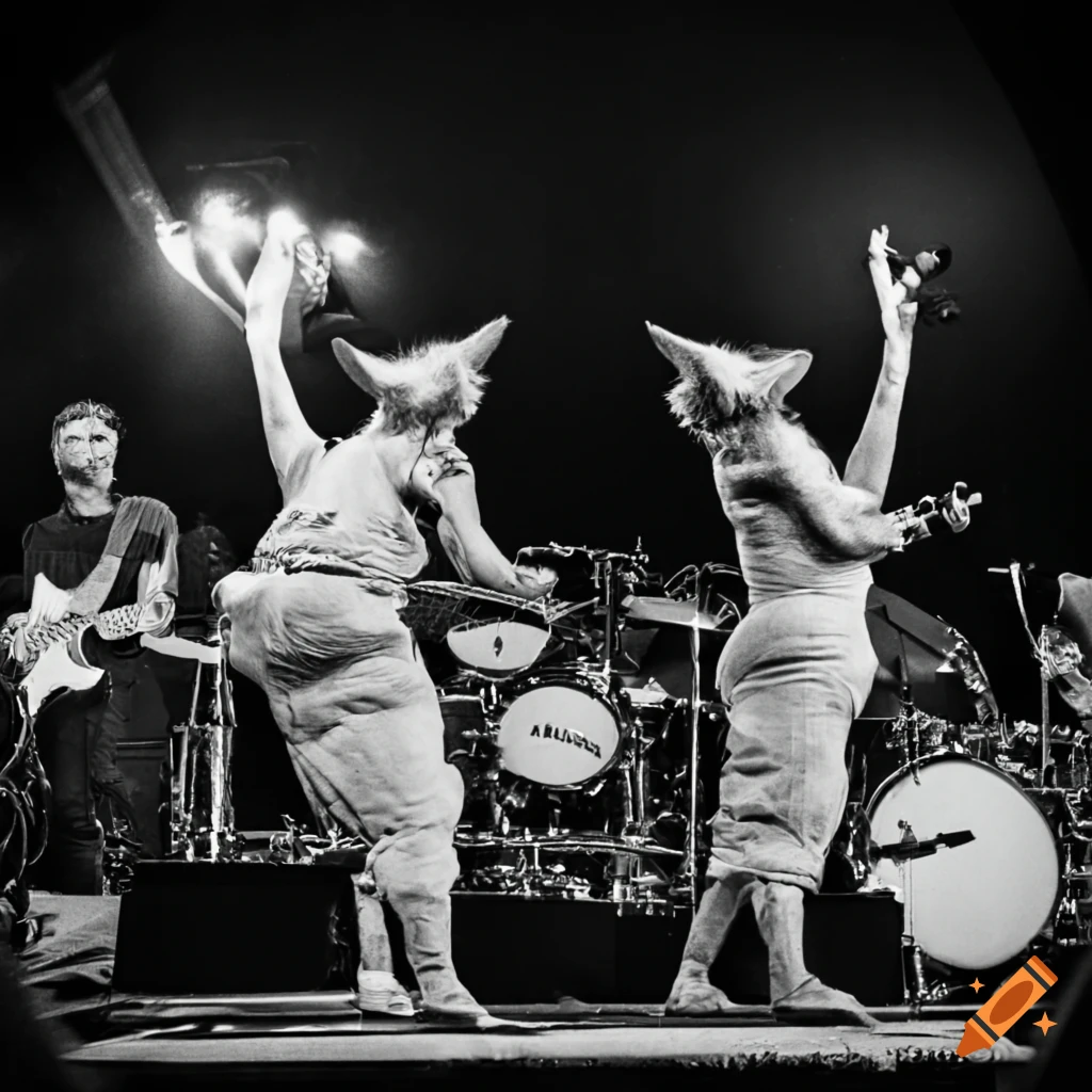 rock band of three pigs performing on a stadium