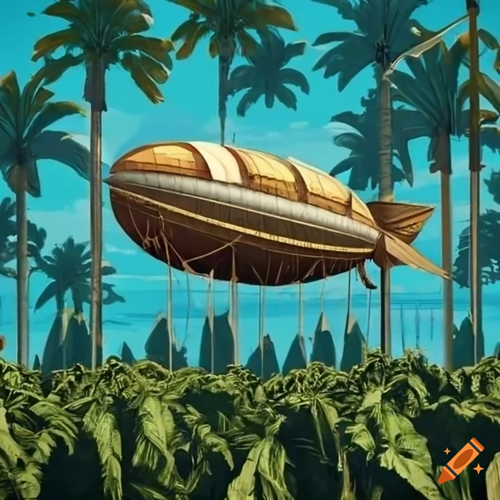 steampunk airship flying over tobacco plantations