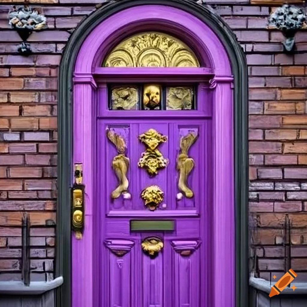 elegant front door entrance with purple and black patterns and golden lion ornament