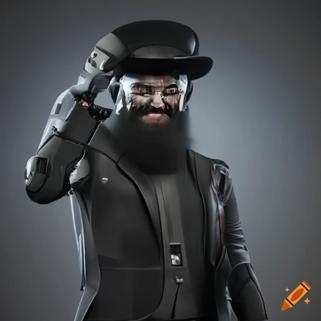 hyper-realistic robot DJ with a black British bowler hat