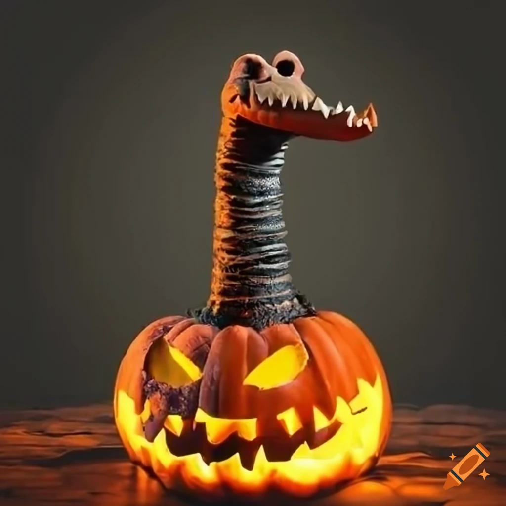 crocodile with a pumpkin on its head