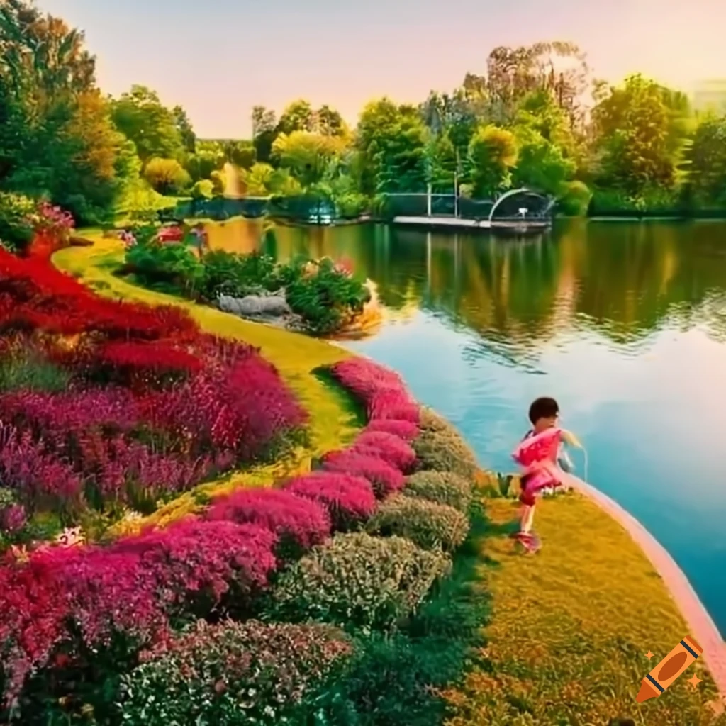 A vibrant garden with blooming flowers and curved stairs on Craiyon