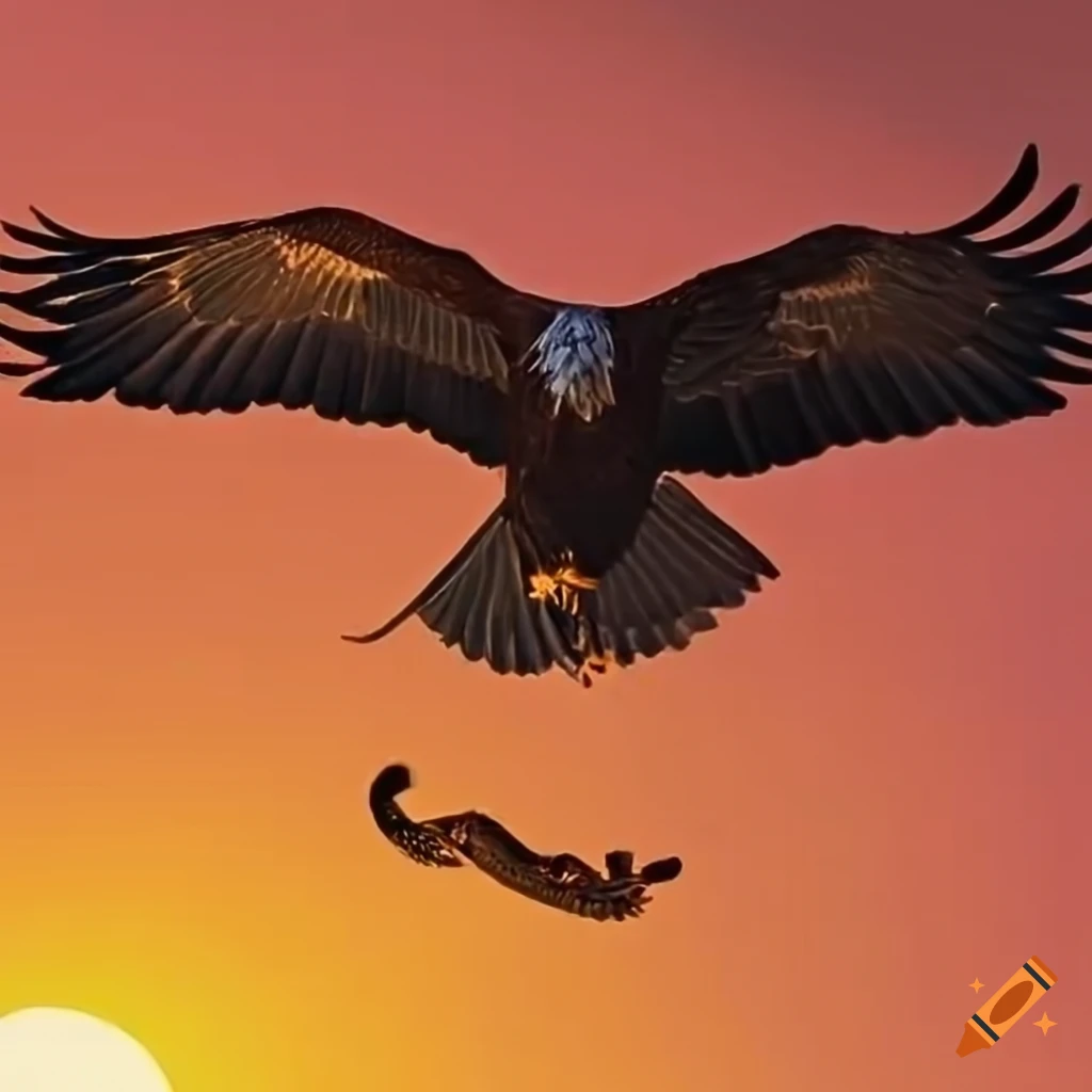 Eagle flying with a snake into the sunset on Craiyon